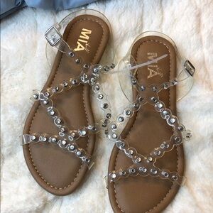 MIA Clear Beaded Tan Footbed Sandals